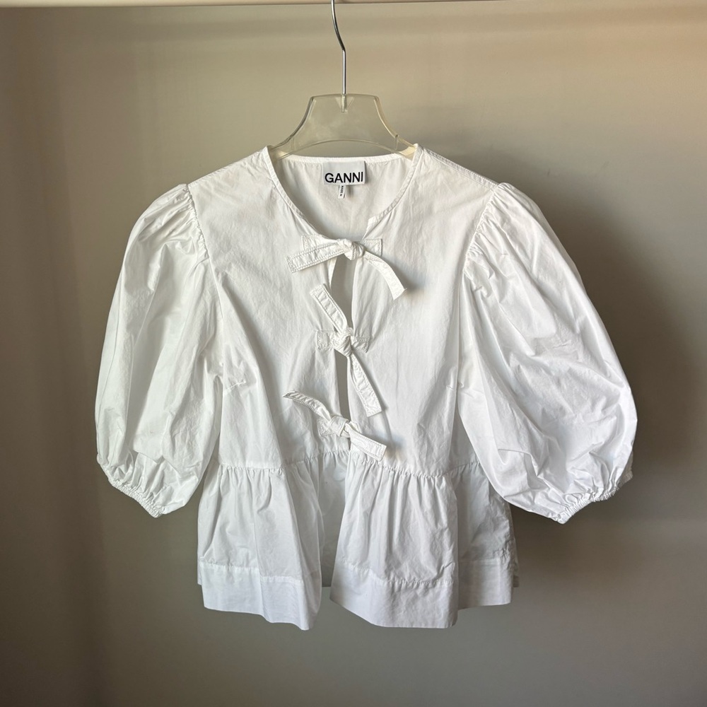 Ganni White Cotton Poplin Peplum Tie Blouse